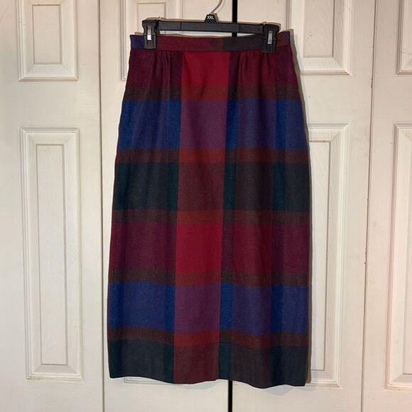 Vintage Deadstock Barclay Square Part Wool Red Blue Plaid Long A Line Skirt - Picture 3 of 14